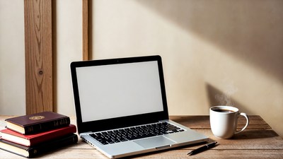 Laptop with coffee on wooden desk