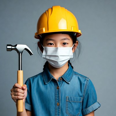 Asian girl with hammer and hard hat