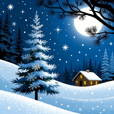 Snowy Winter Cabin Under Moonlit Forest