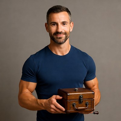 Muscular man holding wooden box