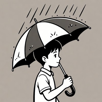 Boy holding umbrella in rain