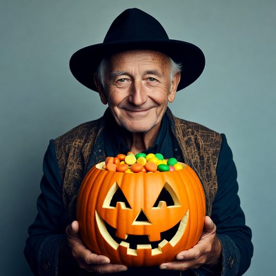 Elderly man holding jack-o-lantern candy