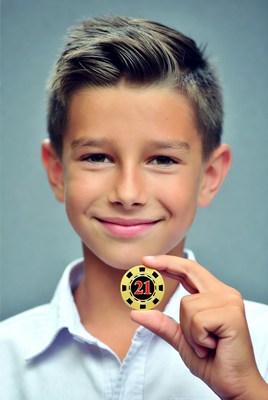 Boy holding 21 casino chip