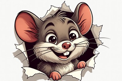 Cute mouse peeking through torn paper