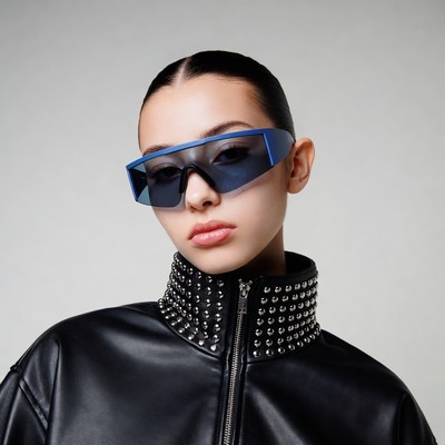 Woman wearing blue futuristic sunglasses