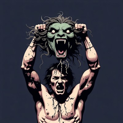 Muscular man holding lion head