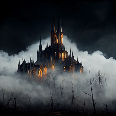 Gothic Castle in Foggy Night