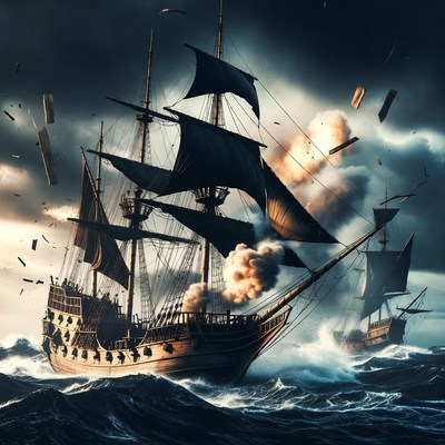 Pirate Ships Battling in Stormy Sea