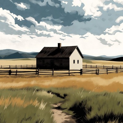 Cabin in stormy field with mountains