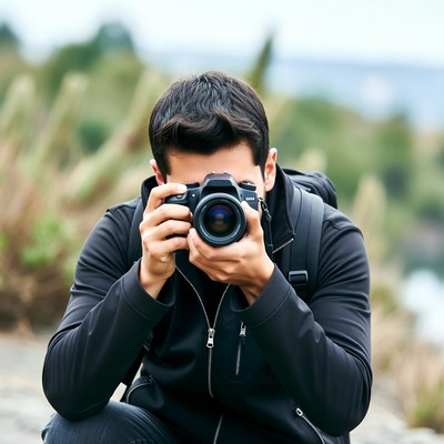 Man photographing with camera outdoors
