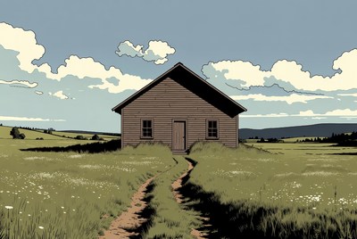 Brown wooden cabin in grassy field