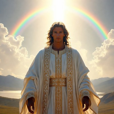 Jesus with rainbow and sunlight