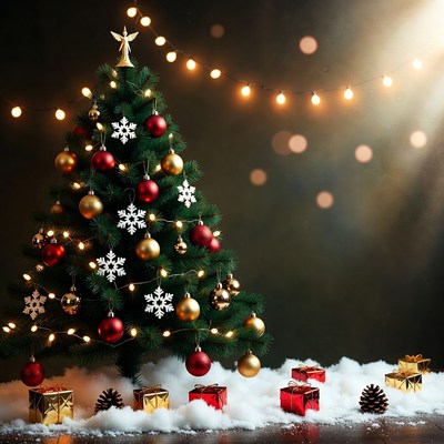 Festive Christmas Tree with Lights and Gifts