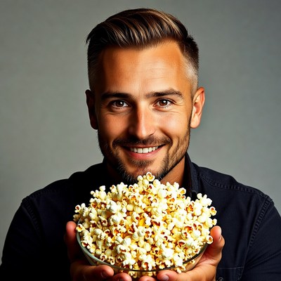 Man holding bowl of popcorn