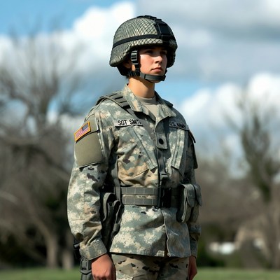 Female soldier in camouflage uniform