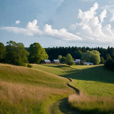 Rural barns on green hills