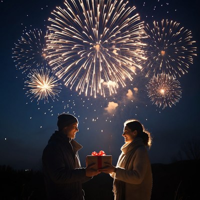 Couple Exchanging Gift Under Fireworks