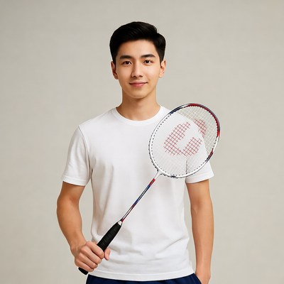 Asian man holding badminton racket