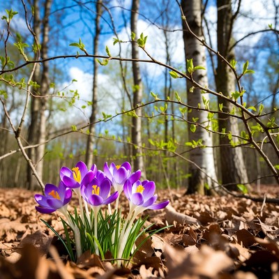Purple crocuses in spring forest