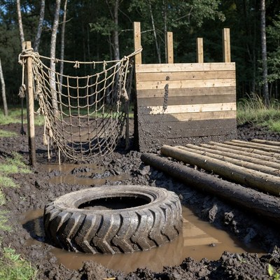Mud Obstacle Course with Net and Tire
