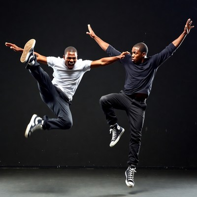 Two African-American men jumping in dance