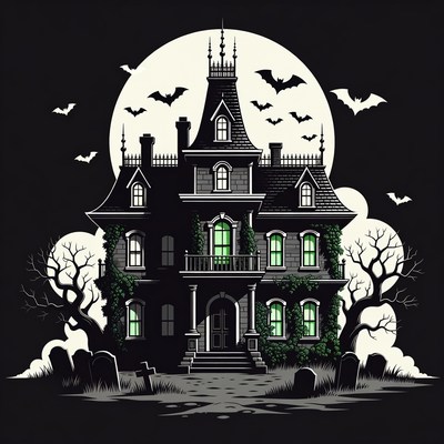 Haunted House Under Full Moon