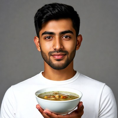 Young man holding bowl of soup