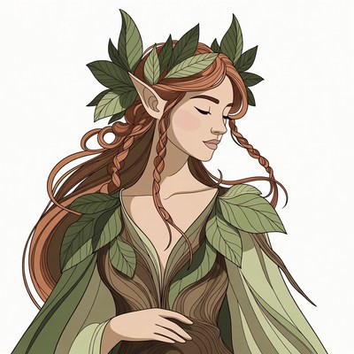 Leaf-Crowned Elf Woman Illustration