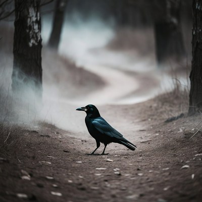 Raven on foggy forest path