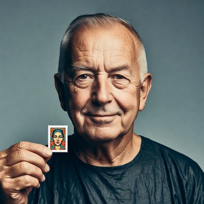 Elderly man holding stamp