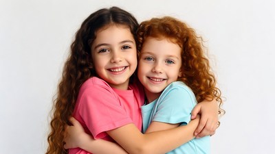 Two girls hugging with curly hair