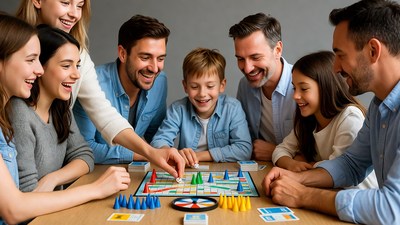 Family playing board game together
