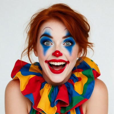 Woman in clown makeup smiling