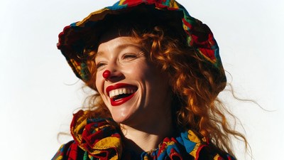 Redhead woman in clown costume smiling
