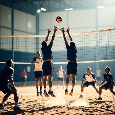 Men playing indoor beach volleyball