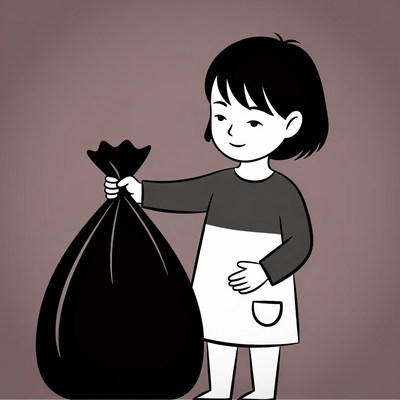 Girl holding large trash bag