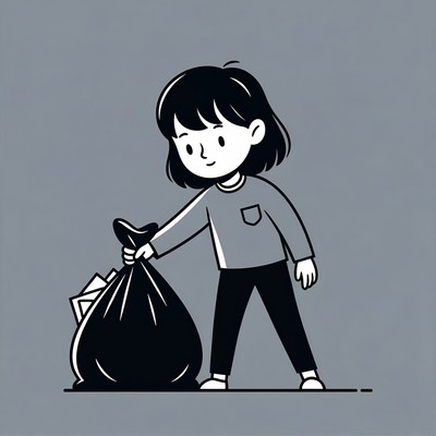 Girl holding trash bag illustration