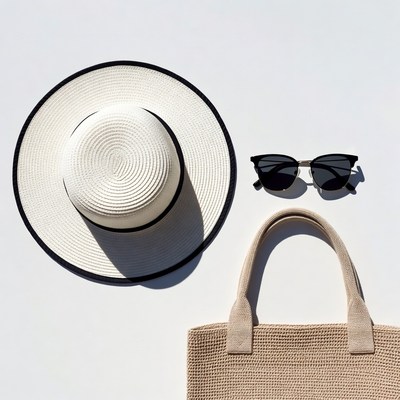 White straw hat sunglasses beige bag