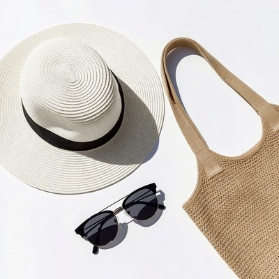 White straw hat with sunglasses and tote bag