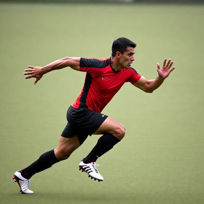 Athletic man sprinting on green field