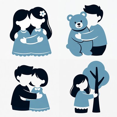 Cartoon couples hugging with teddy bear and tree