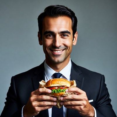 Man in suit holding burger