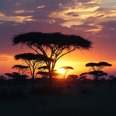 Acacia Trees at African Sunset