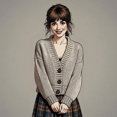 Woman in cardigan and plaid skirt