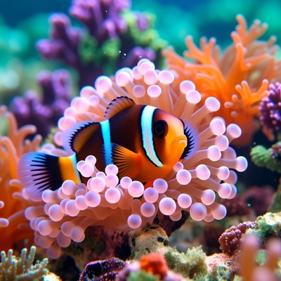 Clownfish hiding in sea anemone