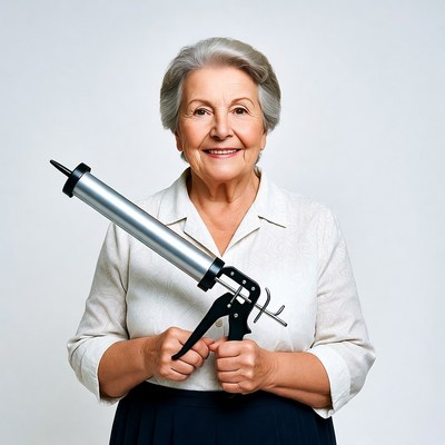 Elderly woman holding caulking gun