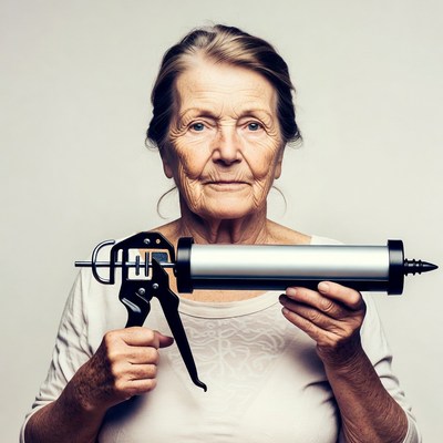 Elderly woman holding caulking gun