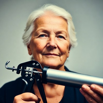 Elderly woman holding caulking gun