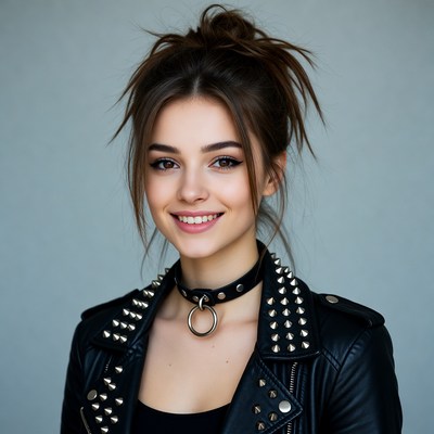 Smiling woman in studded leather jacket