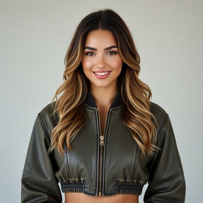 Smiling woman in green leather jacket